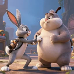 cinematic shot of fat bugs bunny in the heat of battle by greg rutowski