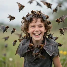 A person happily covered in a swarm of bats | Photograph | Outdoors