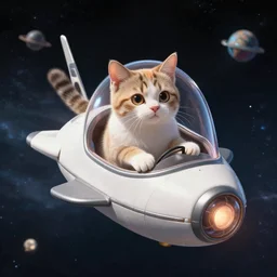 a humanoid cat flying trough space in a tiny spaceship