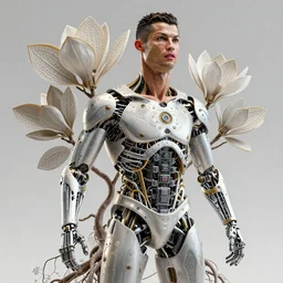 complex 3d render ultra detailed of a Cristiano Ronaldo, mechanical cyborg, 150 mm, beautiful natural soft light, rim light, silver gold details, magnolia big leaves and stems, roots, fine foliage lace, maze like, mesh wire, red lips, intricate details, hyperrealistic, ultra detailed, mandelbrot fractal, anatomical, white metal neocubism armor, facial muscles, cable wires, microchip, elegant, octane render, H.R. Giger style, 8k