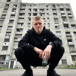 selfie of a russian gopnik squatting wearing adidas with a cigarette in his mouth holding a bottle, brutalist architecture in the background, realistic
