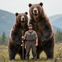 portrait photo of a lumberjack man and his 2 0 feet tall giant grizzly bear