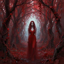 a woman in a tunnel of red vines. ethereal horror fantasy art by artgerm and greg rutkowski