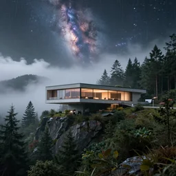 a futuristic modern house on top of a mountain, above a dense pine forest, nebula in sky overhead, misty rain, frank gehry, rule of thirds, hyperdetailed, ultra realism, 8k, unreal engine, megascans, volumetric lighting, dreamscape,