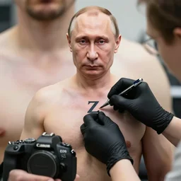 putin at a tattoo shop. getting a tattoo of the letter z on his chest. canon eos r 3, f / 1. 4, iso 2 0 0, 1 / 1 6 0 s, 8 k, raw.