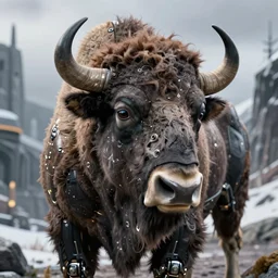 cinestill 5 0 d portrait shot of a cyborg bison's shelled head, hybrid total body by flora borsi, in a nordic scenic dystopian environment, elegant, highly detailed, digital photo art, artstation, sharp focus, 8 k, 3 d, head in focus, tonal matt tomasz alen kopera, peter mohrbacher. donato gian
