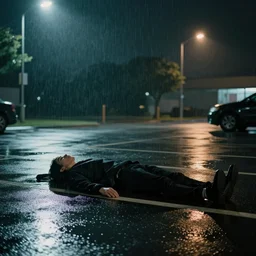 person laying in a parking lot on a dark night while rain is drizzling with blaring yet dim lights, highly detailed, ultra hd