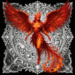 full - body red fire phoenix goddess, wisdom, good and evil, scrollwork + rococco + baroque + white ink + magical + detailed intricate + heraldic design + atmosphere + by peter mohrbacher and kentaro miura + high details, in the style of jean delville, artstation, 8 k, tarmo juhola, ivan laliashvili, james gur