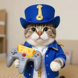 a cat dressed as Napoleon holding cheese for N64