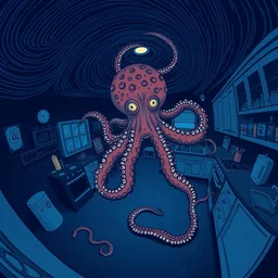 dark palette, fisheye spiral lines, naive, extra narrow, detailed illustration of a kitchen, large floor, octopus shaped by rhads from lorax movie, trending artstation, dark blue underwater, overhead angle