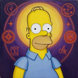 portrait of a homer simpson by mandy jurgens, cartoon, oil painting, visionary art, symmetric, magick symbols, holy halo, dramatic ambient lighting, high detail, vibrant colors,