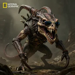 a fallout new vegas deathclaw!! wearing sunglasses!!, grim lighting, directed by dennis villeneuve, national geographic, award winning, concept art, artstation, unreal engine, game screenshot