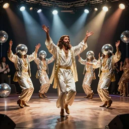 mascot versions of jesus dancing at a disco, by norman rockwell