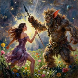 kate beckinsale fight with troll by spear on field of flowers, oil painting, Tooth Wu, Greg Rutkowski, RPG portrait, dynamic lighting, fantasy art, High contrast, colorfull, godrays, depth of field, close up, distant view