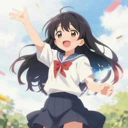 an anime girl catching a confetti
