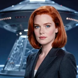 portrait of young gillian anderson as dana scully, from x - files ( 1 9 9 3 ), with red hair and blue eyes. ufo in background. beautiful, lithe, suit. water colour by anne stokes, luis royo, karol bak, mandy jurgens, chris achilleos and boris vallejo, beautiful woman, detailed matte painting, realistic portrait, symmetrical, highly detailed, digital painting, artstation, concept art, smooth, sharp focus, illustration, cinematic lighting, 8 k resolution
