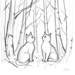a storyboard pencil sketch of two cats talking in the forest, black and white, rough sketch with erased lines, trending on artstation