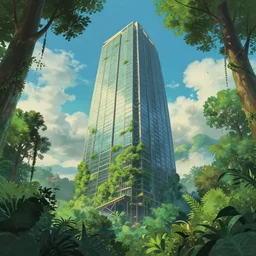 big skyscraper levitate over the jungle, ghibli style octane render, sky in a background, huge green trees reflected in building