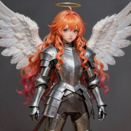 kawaii, hyperrealistic, ultradetailed, realism oil painting, fullbody shot photograph of a lifelike anime girl that is wearing steel plate armor, irl, vibrant wavy hair, angelic, highly rendered, blender, unreal engine, readability, extremely detailed, trending on artstation, sharp focus, 4 k, art by wlop