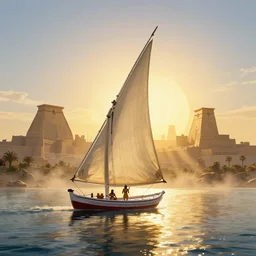 A highly detailed 4K fantasy matte painting of a felucca sailing toward the sun on a raft along the ancient River Nile, in ancient Egypt during the golden hour in summer, large ancient city huge buildings in background, volumetric sun rays and dust, water reflection, Thomas Kinkade, Greg Rutkowski, ArtStation, CGSociety, Unreal Engine