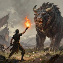 “Tabaxi alchemist throwing alchemist fire on a great beast, realistic fantasy painting inspired by dungeons and dragons”
