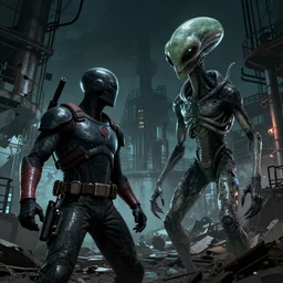 An dramatic, comic-book style image of an badass MIB encountering an alien for the first time in a ruined factory at night, detailed, ominous