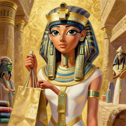 recursive image with a girl shopping, ancient egypt, large eyes, her long hair flowing, surreal, oil pastels and gold, in the style of katsuhiro otomo, modeled in poser, redshift render, uhd