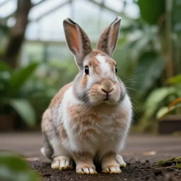 a beautiful portrait of a rabbit in a tropical greenhouse, cinematic, bokeh, details, realistic