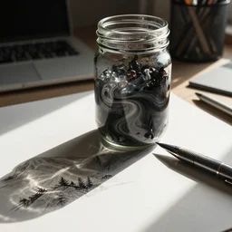 sketch of technical pen and glass pickle jar of swirling ink shimmering on a desk, dramatic afternoon lighting, linear halftone, muted colors, heavy metal, by moebius
