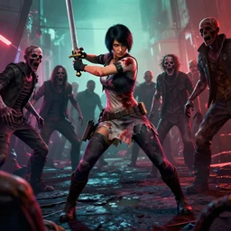 full - body action shot of a well - armed female with tattered, blood - soaked clothing, using a sword to fight a horde of the walking dead, in the style of ready player one
