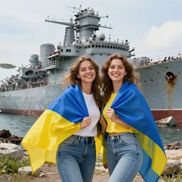ukrainian girls with ukrainian flag near big ruined warship, happy, concept art, trending on artstation, highly detailed, intricate, sharp focus, digital art, 8 k
