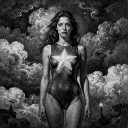 By Tom Bagshaw, ultra realist soft painting of curiosities carnival by night, very beautiful single star in bodysuit, symmetry accurate features, very intricate details, ominous sky, black and white, volumetric light clouds