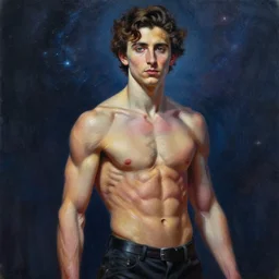 cosmic muscle god, timothee chalamet, 8 k, detailed oil painting, matte painting,