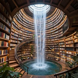 professional photograph of a fancy open infinite spiral library, waterfall, 4 k, 8 k, hd