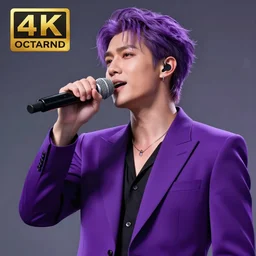 a man in a purple suit with purple hair singing into a microphone, realistic, 8 k, extremely detailed, cgi, trending on artstation, hyper - realistic render, 4 k hd wallpaper, premium prints available, octane render, award winning, by greg rutkowski