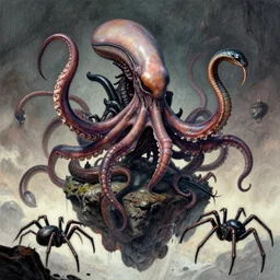 detailed hyper realistic alien octopus demigod which looks deeply intimidating, menacing alien snake fighting giant spiders, floating island on a barren exoplanet, beautiful dramatic moody lighting, cinematic atmosphere, by Ralph McQuarrie| sparth:.2 | Tim white:.4 | Rodney Mathews:.2 | Graphic Novel, Visual Novel, Colored Pencil, Comic Book:.2