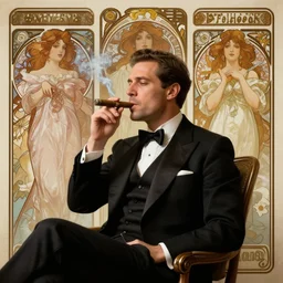 very sophisticated gentleman smoking a cigar, ultra detail, professionally retouched, soft lighting, wide angle, 8 k high definition, intricate, elegant, art by jessica drossin, chip phillips, alphonse mucha, sam spratt