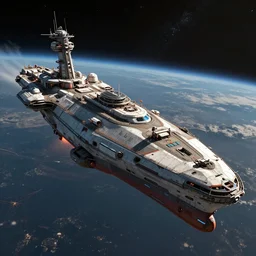 cyberpunk cargo ship strongly resembling industrial spaceship design concept art in space, by david levy, eve online, elite dangerous, artstation, concept art, matte painting, highly detailed, rule of thirds, dynamic lighting, cinematic, detailed, magnificiant landscape, denoised