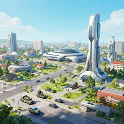 Amazing photorealistic digital concept art of a futuristic military in a small town, by Andrée Wallin and Joseph Cross. Cinematic. LED lighting. Bright colors. Wide angle. Clean lines. Balanced composition.