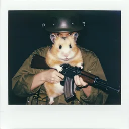 “ a hamster holding a hamster sized m 1 6, portrait photo, vietnam war photograph, polaroid ”