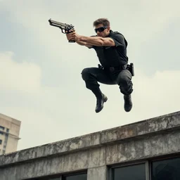 bullet time cop with two pistols jumping off building photo realistic