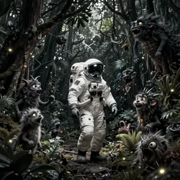 high contrast digital art of a surreal dark jungle, astronaut walking, mysterious crazy world, talking creatures, night, fireflies