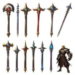 ultra realistic illustration, collection of magic weapons sprites, rich contrast of colors, league of legends artwork
