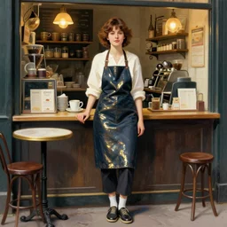 portrait young sophie marceau as hot shopkeeper in a coffee shop, full length shot, shining, 8 k highly detailed, sharp focus, illustration, art by artgerm, mucha, bouguereau