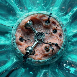 mechanical mitosis, cell shaded, chiaroscuro!, minimalism, sfumato!, flesh bound to metal, loose wires, black ooze, hyperrealism, surrealism, cyan lighting, vibrant, reflective fabric, refractive surfaces, by ilya kuvshinov and anton fadeev and greg rutkowski and gil elvgren and giger