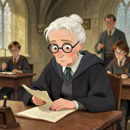 Granny Weatherwax is grumpily teaching a class in Hogwarts, illustration by Jim Kay, Paul Kidby and Greg Rutkowski