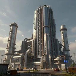 an epic 3 d render of a massive cyberpunk factory building, by fckrender, trending on artstation
