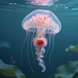 lotus swimming underwater like a jellyfish, transperent jellyfish head covers with the flower, tentacles with rose, photographic, cinematic, photorealistic, volumetric lighting, detailed, smooth, artstation, octane render, wolp