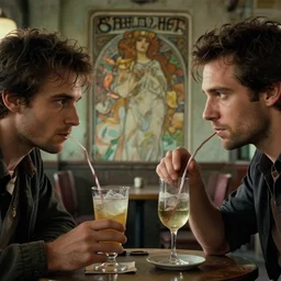 ( an abandoned cafe in the style of bladerunner 2 0 4 9 ), closeup portrait of two men having a drink, depth of field, zeiss lens, detailed, centered, fashion photoshoot, by nicoletta ceccoli, mark ryden, lostfish, artgerm, greg rutkowski, alphonse mucha, breathtaking, 8 k resolution, extremely detailed, beautiful, establishing shot, artistic, hyperrealistic, octane render, - h 8 0 4