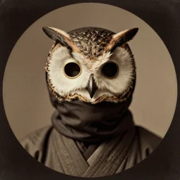 a mask of owl wearing by a person, ninja wearing a owl mask, photo studio, cinematic lighting, shallow focus, circa 1 6 0 0 s, old photo, realistic photo, realistic, ultra realistic, old, grain, noise, scratch, japanese style, brownish, history, photo history, potrait, in a circle frame
